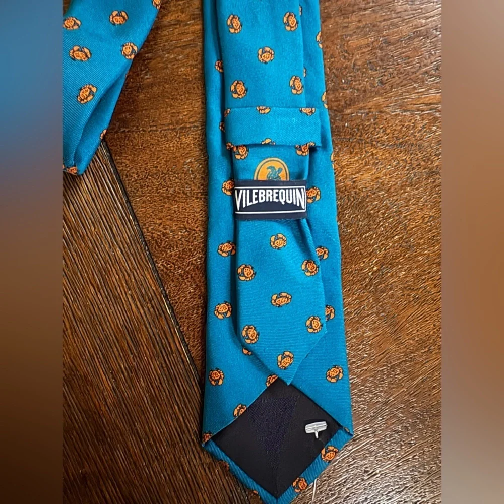 Vilebrequin Silk Blue 2” Tie Orange Crabs Made in Italy 50” Long